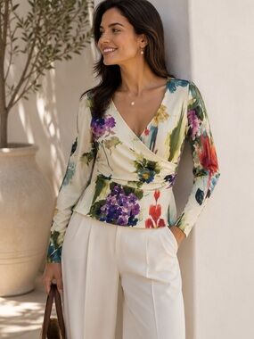 Blugirl Bluemarine Floral Wrap Long Sleeve Top Cream Romantic Designer Chic 36
